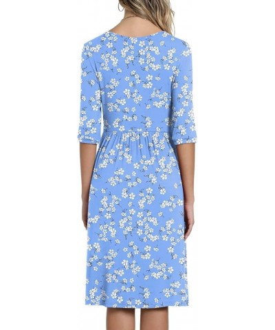 Women's 3/4 Sleeve 2024 Casual High Waist Round Neck Midi Dress with Pockets Light Blue and White $14.40 Dresses