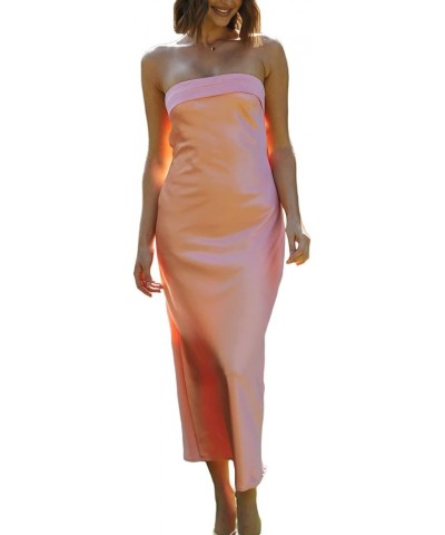 Satin Silk Slip Maxi Dress for Wedding Guest Women Bodycon Strapless Off Shoulder Midi Tube Dresses Elegant Backless Pink $12...