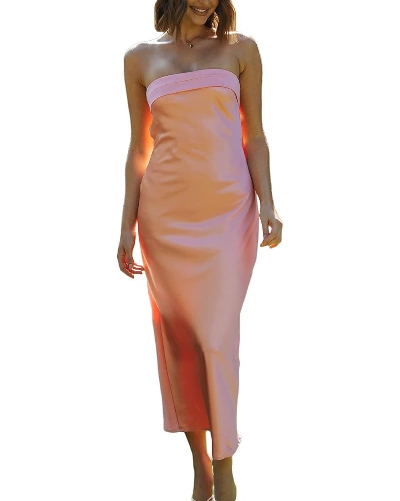 Satin Silk Slip Maxi Dress for Wedding Guest Women Bodycon Strapless Off Shoulder Midi Tube Dresses Elegant Backless Pink $12...