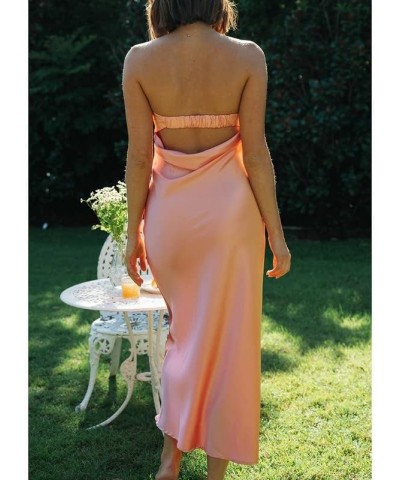 Satin Silk Slip Maxi Dress for Wedding Guest Women Bodycon Strapless Off Shoulder Midi Tube Dresses Elegant Backless Pink $12...