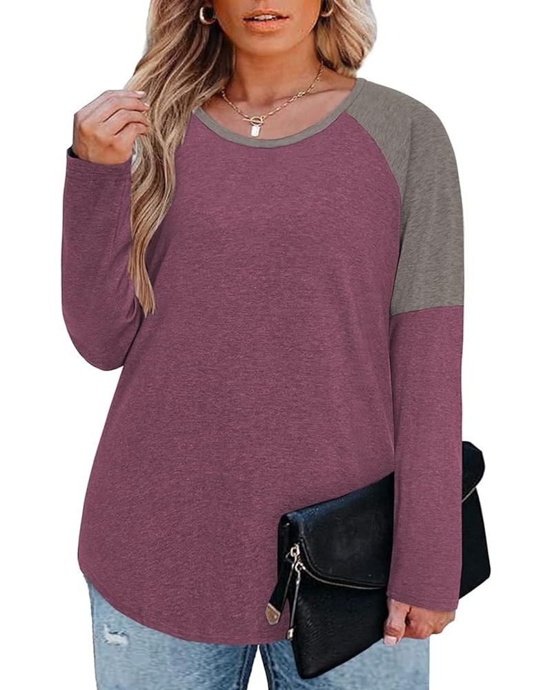 Plus Size Tops for Women Raglan Long Sleeve Tunic Shirts 59-wine Red $13.49 Tops