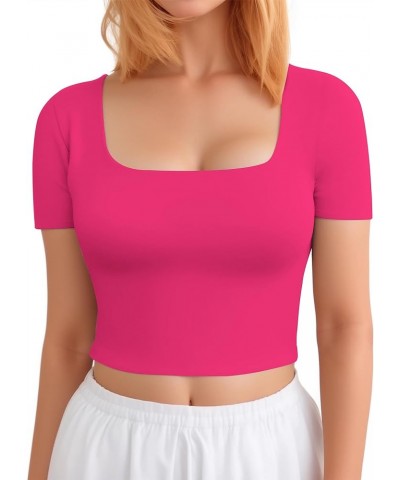 Crop Tops for Women Square Neck Tops Short Sleeve Crop Tops Basic Cropped T Shirts for Women Slim Fit Crop T-Shirt Hot Pink $...