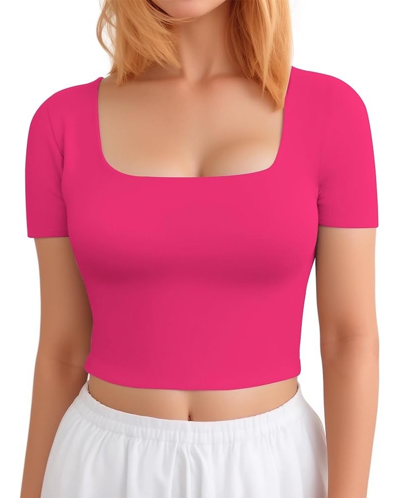 Crop Tops for Women Square Neck Tops Short Sleeve Crop Tops Basic Cropped T Shirts for Women Slim Fit Crop T-Shirt Hot Pink $...