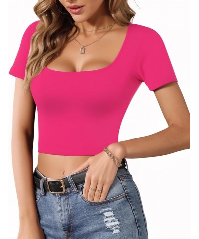 Crop Tops for Women Square Neck Tops Short Sleeve Crop Tops Basic Cropped T Shirts for Women Slim Fit Crop T-Shirt Hot Pink $...