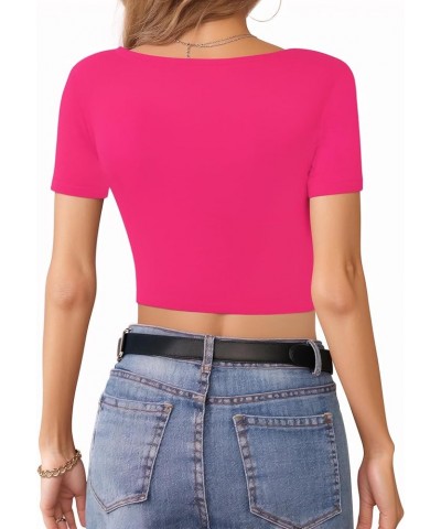 Crop Tops for Women Square Neck Tops Short Sleeve Crop Tops Basic Cropped T Shirts for Women Slim Fit Crop T-Shirt Hot Pink $...