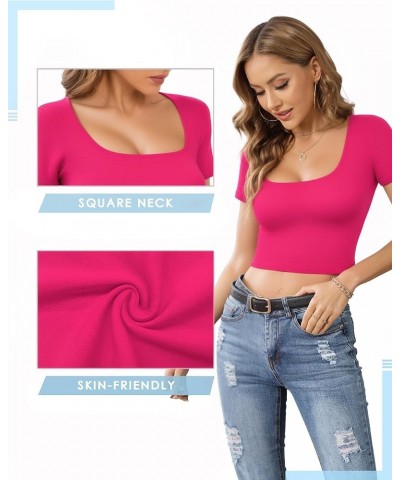 Crop Tops for Women Square Neck Tops Short Sleeve Crop Tops Basic Cropped T Shirts for Women Slim Fit Crop T-Shirt Hot Pink $...