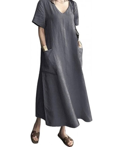 Women's Maxi Dress Solid Plus Size Loose Cotton Linen Long Dresses with Pockets 01-dark Grey $16.95 Dresses