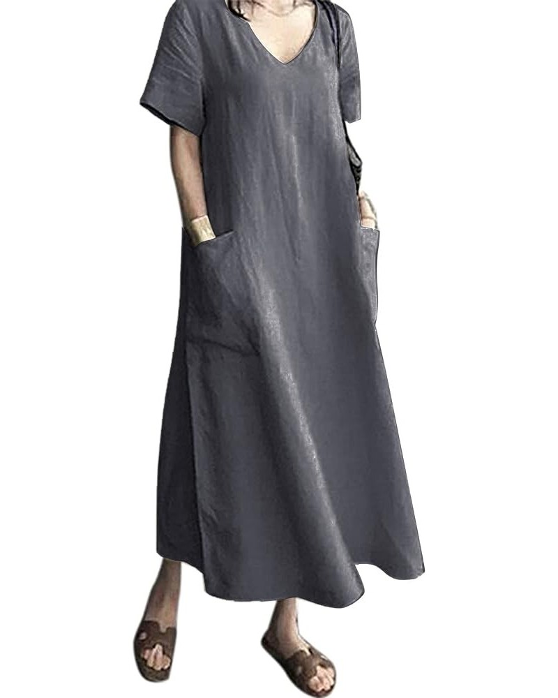 Women's Maxi Dress Solid Plus Size Loose Cotton Linen Long Dresses with Pockets 01-dark Grey $16.95 Dresses