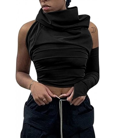 Women's One Shoulder Hooded Tank Top Backless Asymmetrical Sleeve Crop Top Black $7.94 Tanks