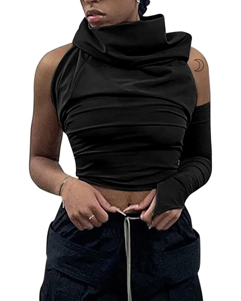 Women's One Shoulder Hooded Tank Top Backless Asymmetrical Sleeve Crop Top Black $7.94 Tanks