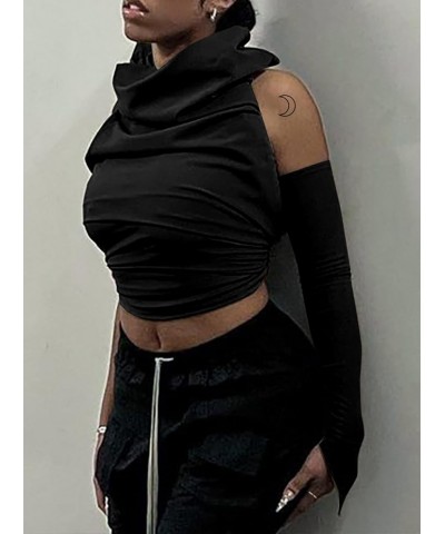 Women's One Shoulder Hooded Tank Top Backless Asymmetrical Sleeve Crop Top Black $7.94 Tanks