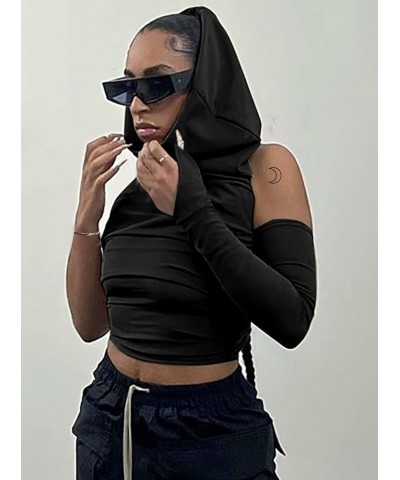 Women's One Shoulder Hooded Tank Top Backless Asymmetrical Sleeve Crop Top Black $7.94 Tanks