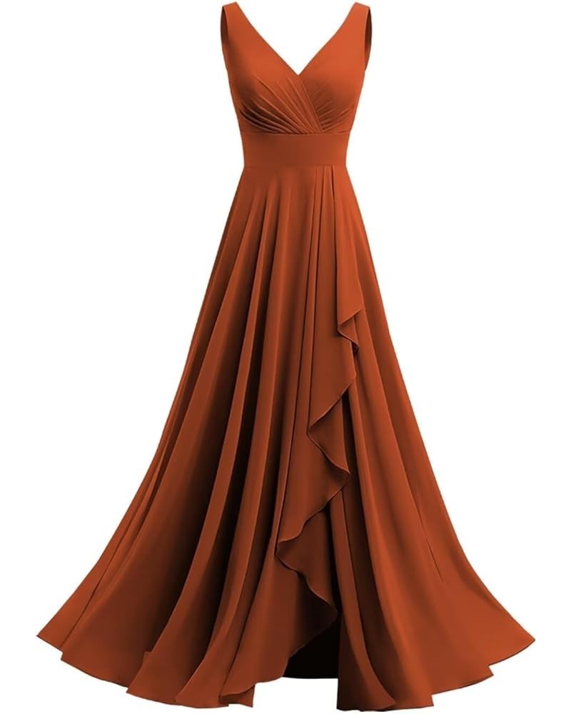 Double V Neck Bridesmaid Dress Long 2024 Flowy Chiffon Wedding Guest Dresses with Pockets SYYS411 Burnt Orange $26.95 Dresses