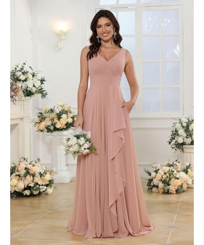 Double V Neck Bridesmaid Dress Long 2024 Flowy Chiffon Wedding Guest Dresses with Pockets SYYS411 Burnt Orange $26.95 Dresses