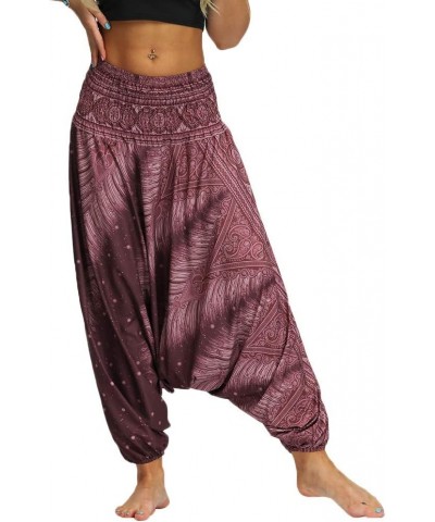 Women Drop Crotch Hippie Harem Pants Boho Pattern High Waist Baggy Yoga Trousers Wine Peacock $12.25 Activewear