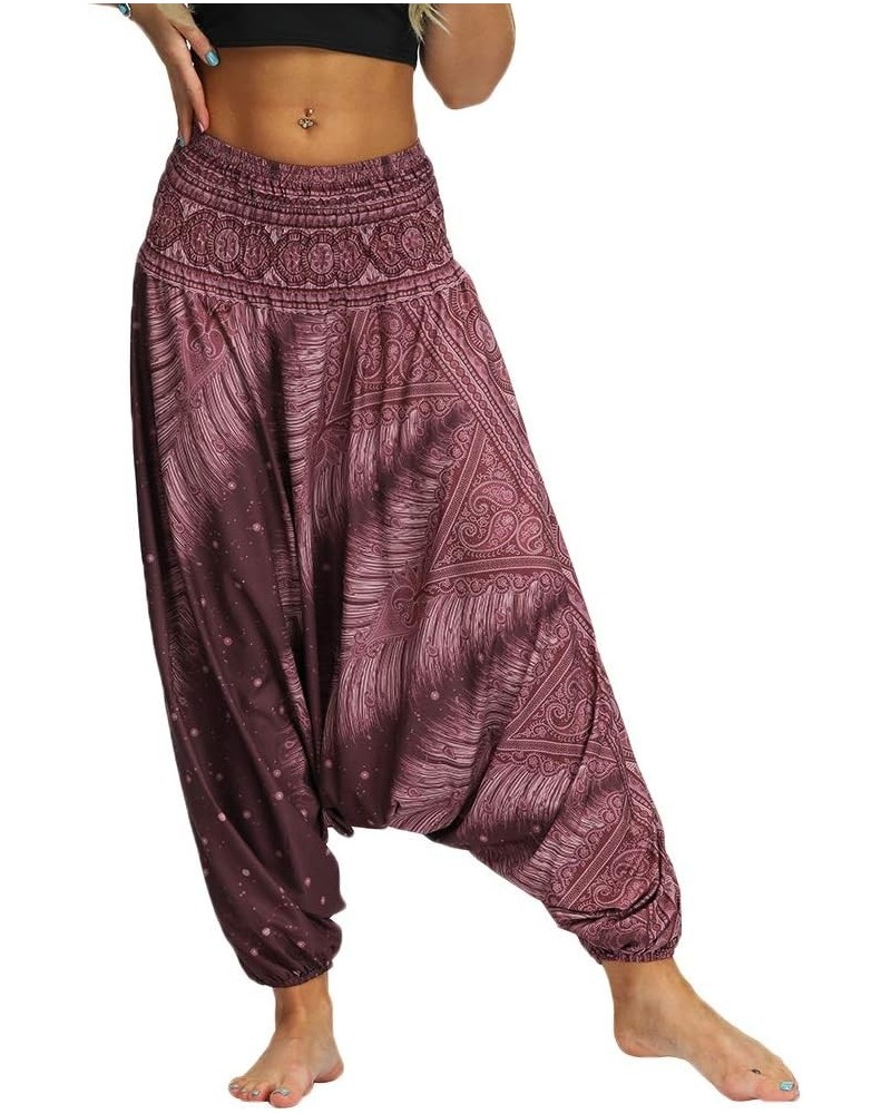 Women Drop Crotch Hippie Harem Pants Boho Pattern High Waist Baggy Yoga Trousers Wine Peacock $12.25 Activewear