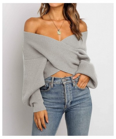 Women's Wrap V Neck Cropped Sweaters 2024 Fall Long Sleeve Cross Front Off Shoulder Solid Knitted Pullover Tops Grey $18.90 S...