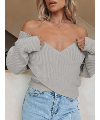 Women's Wrap V Neck Cropped Sweaters 2024 Fall Long Sleeve Cross Front Off Shoulder Solid Knitted Pullover Tops Grey $18.90 S...