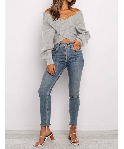 Women's Wrap V Neck Cropped Sweaters 2024 Fall Long Sleeve Cross Front Off Shoulder Solid Knitted Pullover Tops Grey $18.90 S...