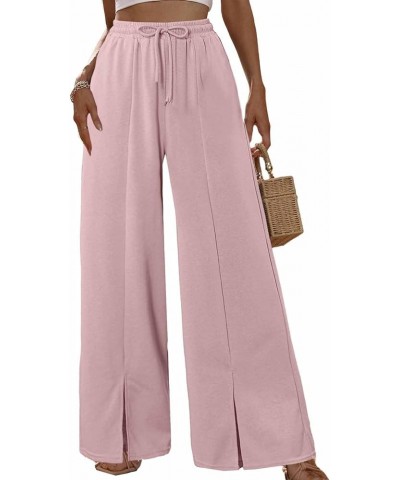 Women Wide Leg Pants High Waist Loose Flowy Adjustable Elastic Belt Pants Casual Long Trousers with Pockets Pink $17.33 Pants