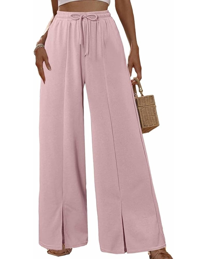 Women Wide Leg Pants High Waist Loose Flowy Adjustable Elastic Belt Pants Casual Long Trousers with Pockets Pink $17.33 Pants