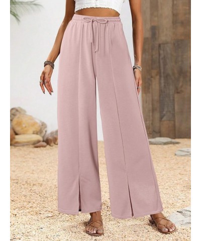 Women Wide Leg Pants High Waist Loose Flowy Adjustable Elastic Belt Pants Casual Long Trousers with Pockets Pink $17.33 Pants