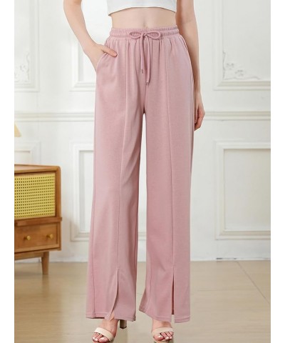 Women Wide Leg Pants High Waist Loose Flowy Adjustable Elastic Belt Pants Casual Long Trousers with Pockets Pink $17.33 Pants