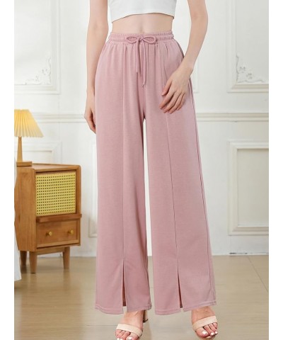 Women Wide Leg Pants High Waist Loose Flowy Adjustable Elastic Belt Pants Casual Long Trousers with Pockets Pink $17.33 Pants