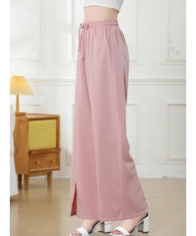 Women Wide Leg Pants High Waist Loose Flowy Adjustable Elastic Belt Pants Casual Long Trousers with Pockets Pink $17.33 Pants