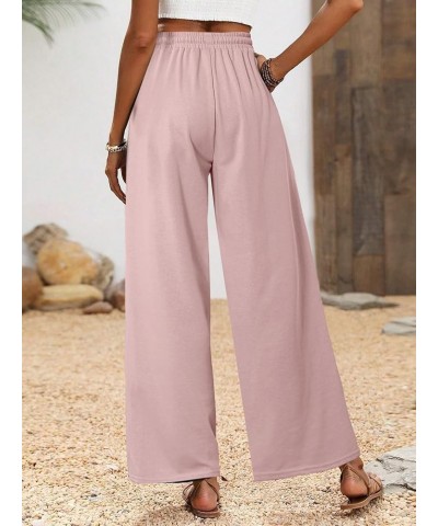 Women Wide Leg Pants High Waist Loose Flowy Adjustable Elastic Belt Pants Casual Long Trousers with Pockets Pink $17.33 Pants