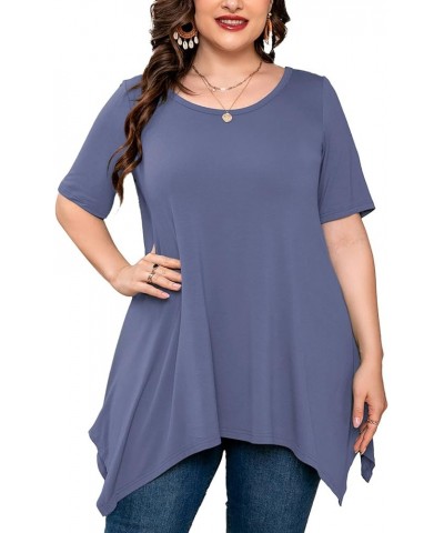 Plus Size Women's Tunic 3/4 Sleeve Clothes Swing Babydoll Top Side Split Crewneck Blouse Flowy Shirts M-5X D04-grey Blue Shor...