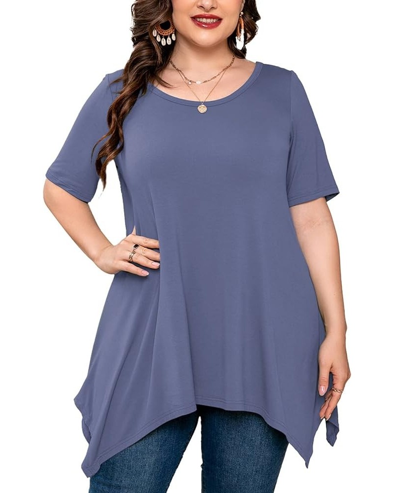 Plus Size Women's Tunic 3/4 Sleeve Clothes Swing Babydoll Top Side Split Crewneck Blouse Flowy Shirts M-5X D04-grey Blue Shor...