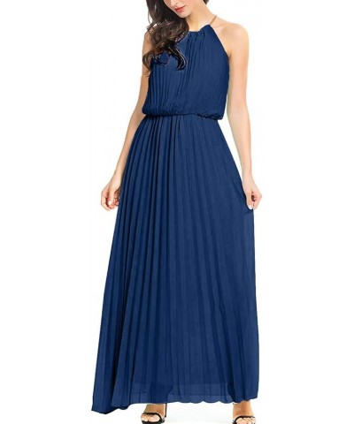 Women's Casual Chiffon Halter Neck Pleated Maxi Dress Navy $18.72 Dresses