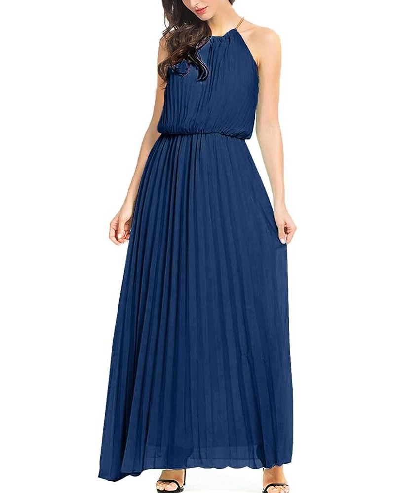 Women's Casual Chiffon Halter Neck Pleated Maxi Dress Navy $18.72 Dresses