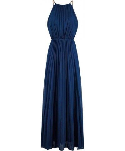 Women's Casual Chiffon Halter Neck Pleated Maxi Dress Navy $18.72 Dresses