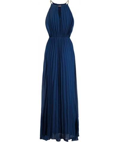 Women's Casual Chiffon Halter Neck Pleated Maxi Dress Navy $18.72 Dresses