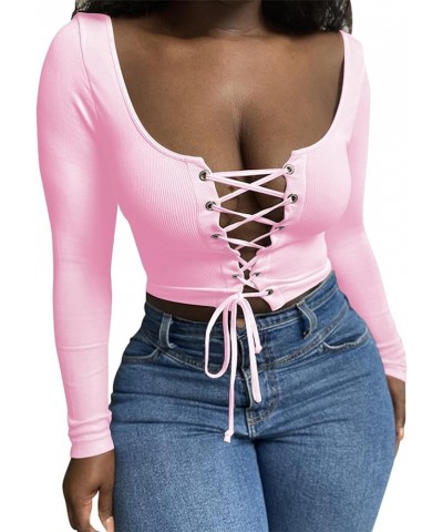 Women's Sexy Lace Up Front T-Shirts Long Sleeve Ribbed Knit Slim Fitted Crisscross Basic Crop Top Pink $14.57 T-Shirts