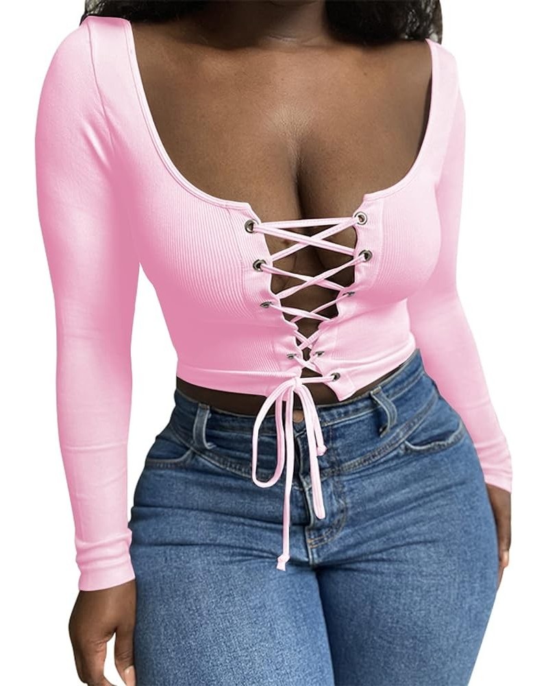 Women's Sexy Lace Up Front T-Shirts Long Sleeve Ribbed Knit Slim Fitted Crisscross Basic Crop Top Pink $14.57 T-Shirts