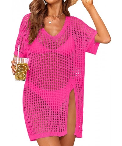 Women's Short Sleeve Crochet Top Side Split Hollow Out Mesh Bathing Suit Cover Ups Dress Swimwear S-XL 1 Hot Pink $15.89 Swim...