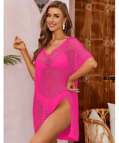 Women's Short Sleeve Crochet Top Side Split Hollow Out Mesh Bathing Suit Cover Ups Dress Swimwear S-XL 1 Hot Pink $15.89 Swim...