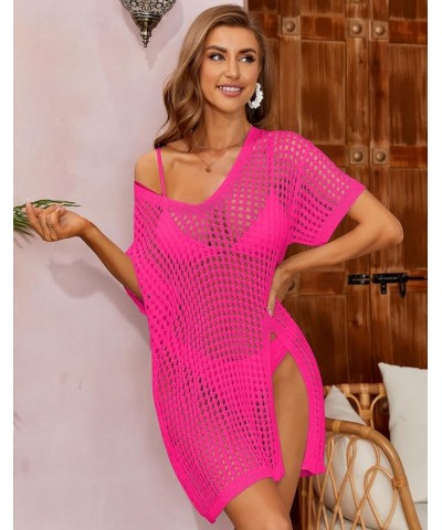 Women's Short Sleeve Crochet Top Side Split Hollow Out Mesh Bathing Suit Cover Ups Dress Swimwear S-XL 1 Hot Pink $15.89 Swim...