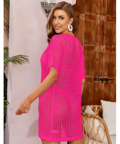 Women's Short Sleeve Crochet Top Side Split Hollow Out Mesh Bathing Suit Cover Ups Dress Swimwear S-XL 1 Hot Pink $15.89 Swim...