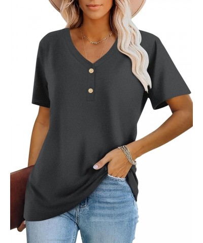 Women's Short Sleeve V Neck Tops Casual Button Down Summer T Shirt Loose Blouses Charcoal $13.49 Blouses