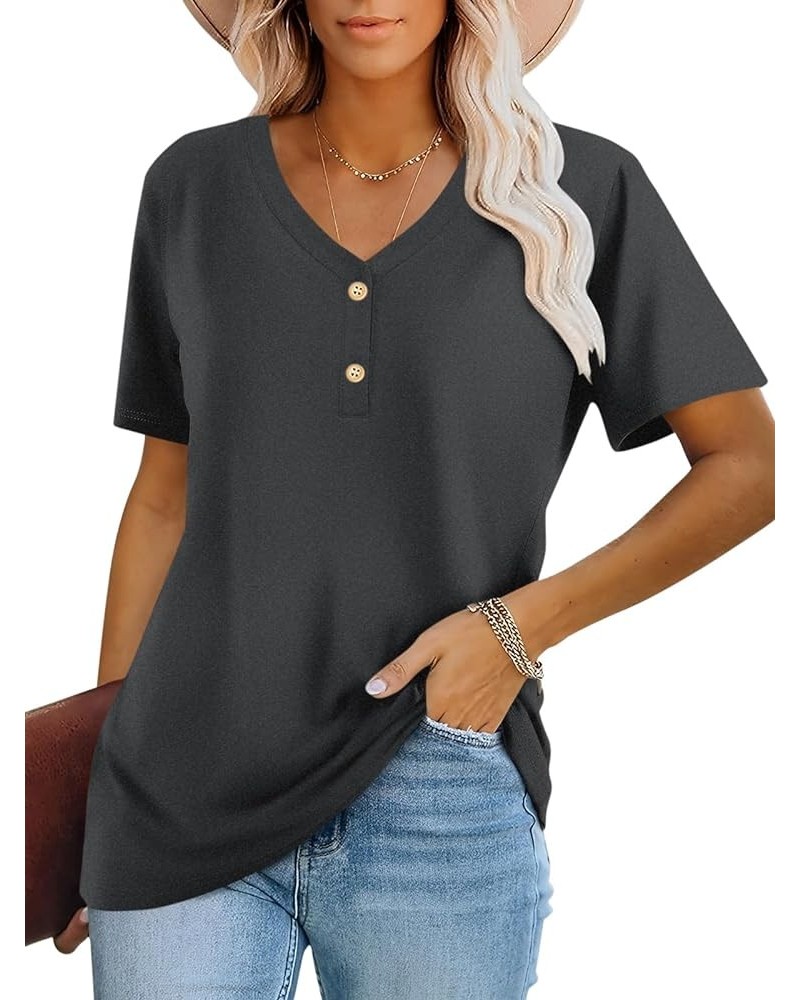 Women's Short Sleeve V Neck Tops Casual Button Down Summer T Shirt Loose Blouses Charcoal $13.49 Blouses