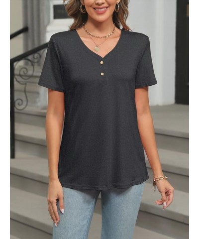 Women's Short Sleeve V Neck Tops Casual Button Down Summer T Shirt Loose Blouses Charcoal $13.49 Blouses