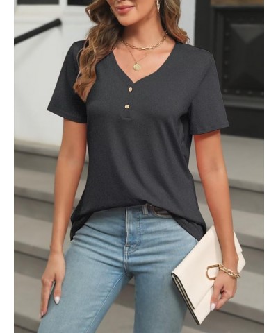 Women's Short Sleeve V Neck Tops Casual Button Down Summer T Shirt Loose Blouses Charcoal $13.49 Blouses