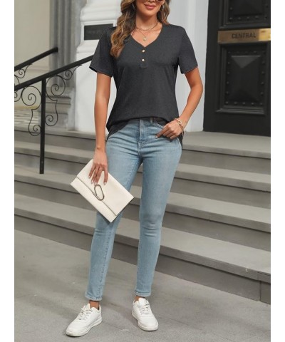 Women's Short Sleeve V Neck Tops Casual Button Down Summer T Shirt Loose Blouses Charcoal $13.49 Blouses