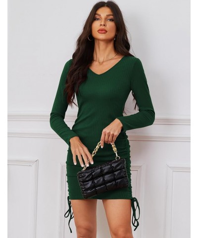 Womens Long Sleeve Dress Ruched Bodycon Midi Dress V Neck Formal Dresses Green $19.94 Dresses