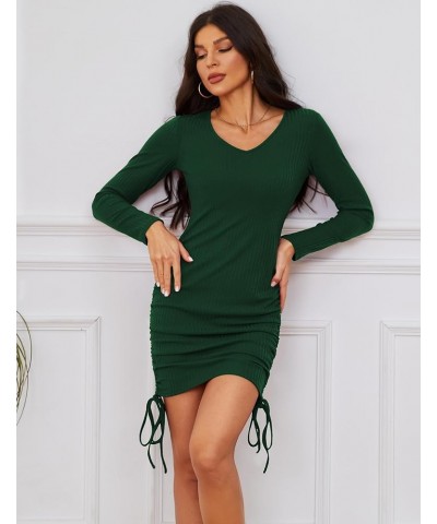 Womens Long Sleeve Dress Ruched Bodycon Midi Dress V Neck Formal Dresses Green $19.94 Dresses