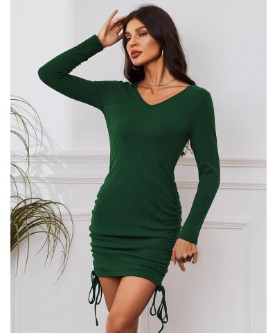 Womens Long Sleeve Dress Ruched Bodycon Midi Dress V Neck Formal Dresses Green $19.94 Dresses